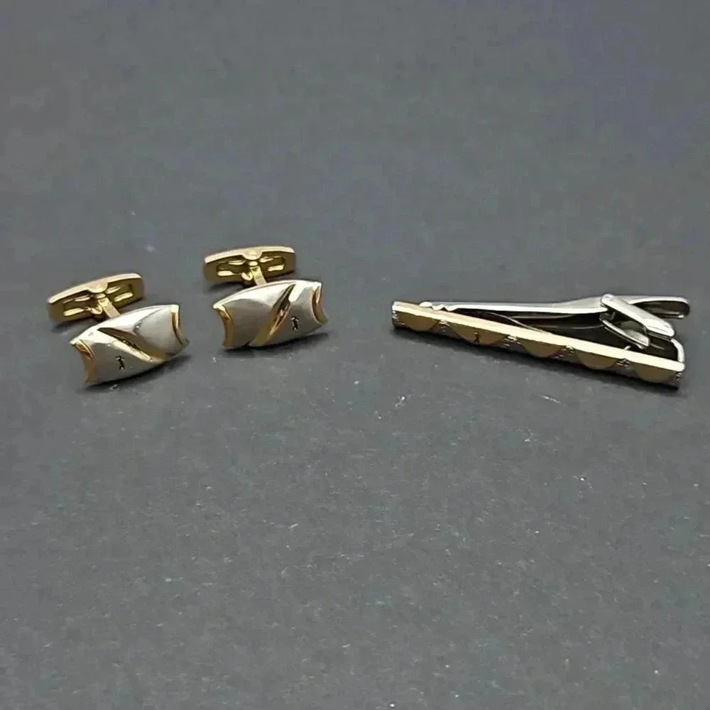 Yves Saint Laurent Gold and Silver Tone Cufflinks and Tie Bar set